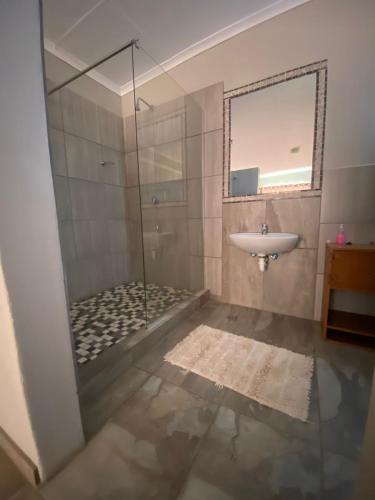 a bathroom with a shower and a sink at Karas-inn Bed and Breakfast in Karasburg