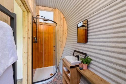 een badkamer met een wastafel en een spiegel bij Killarney Glamping at the Grove, Suites and Lodges in Killarney