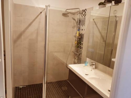 a bathroom with a glass shower and a sink at La Balancelle in Marseille