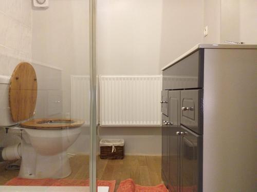 La salle de bains est pourvue de toilettes et d'une douche en verre. dans l'établissement Ancienne Ecole, à Cazaux-Villecomtal