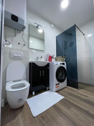 a bathroom with a toilet and a washing machine at Coco apartments in Petrovac na Moru