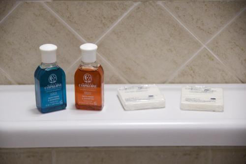 two bottles ofodorizers sitting on a white shelf in a bathroom at Campiglione Hotel in Bastia Umbra