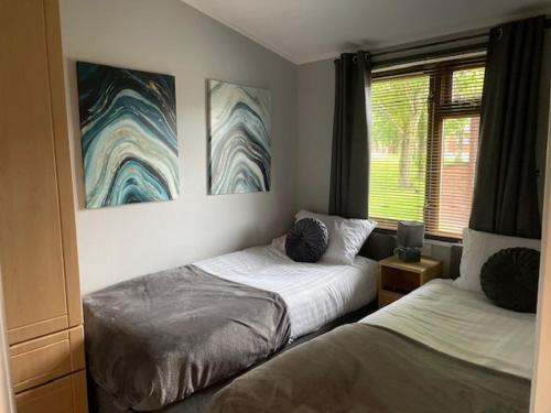 Un dormitorio con dos camas y una ventana. en Lakeside 18, en Warton