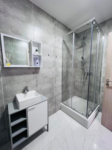 a bathroom with a shower and a sink and a tub at Apartman Lena 2 in Tušilović