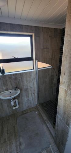 a bathroom with a sink and a shower with a window at Bayswater Guest Rooms in Bloemfontein