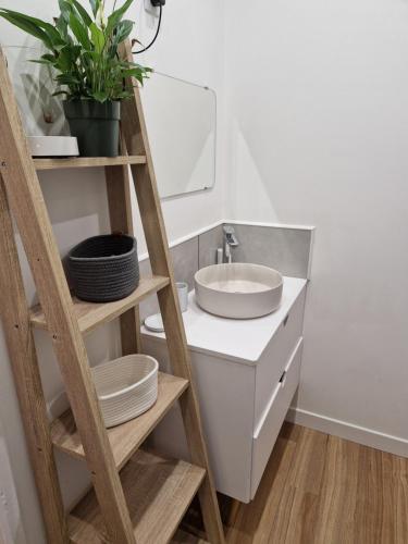 une salle de bain avec un lavabo et un miroir dans l'établissement QUIMPERLE Appartement Lumineux & Calme Basse-ville, à Quimperlé