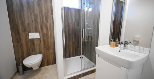 a bathroom with a shower and a sink and a toilet at Hotel Lesní Chata in Kořenov