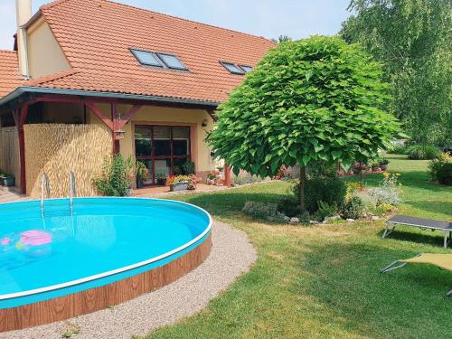 a swimming pool in the yard of a house at Ubytování U Špačků Pálava in Novosedly