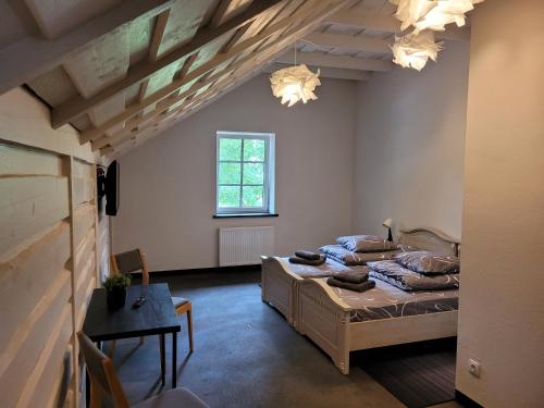 Vārve的住宿－Vārves Muiža，一间卧室设有两张床、一张桌子和一个窗口