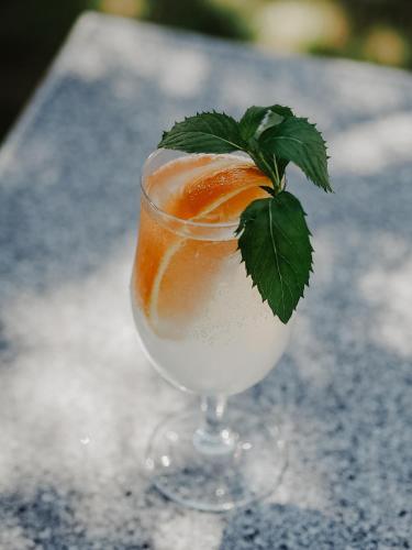 a drink with an orange slice in a glass at Hotel Delfin Spa&wellness in Dąbki