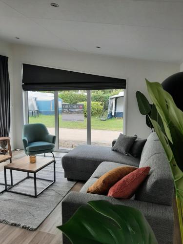 a living room with a gray couch and a window at Camping de Vogel in Hengstdijk