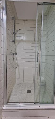 a shower with a glass door in a bathroom at Marjal 3 Beach in Guardamar del Segura