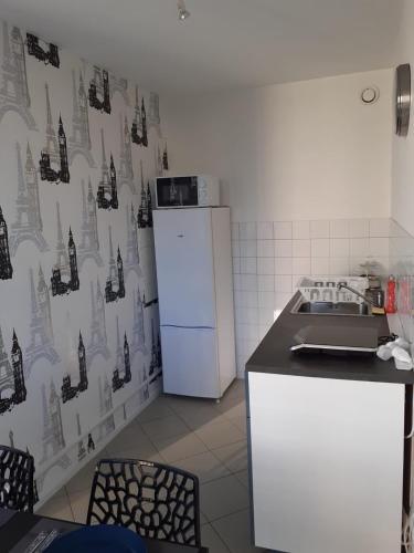 Il comprend une cuisine équipée d'un réfrigérateur blanc et d'une cuisinière. dans l'établissement Ideal T1 BALCON 2 personnes, à Saint Etienne