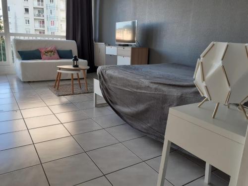 une chambre avec un lit et un salon avec un canapé dans l'établissement Ideal T1 BALCON 2 personnes, à Saint Etienne