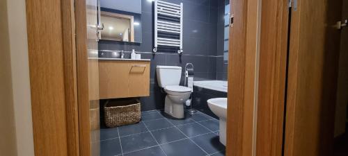 Un baño azul con inodoro y lavabo. en APARTAMENTO CAMP DE MORVEDRE, en Castellón de la Plana