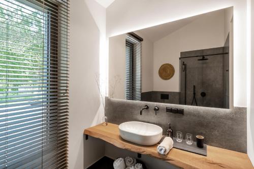 a bathroom with a sink and a mirror at Villa The Lake in Mindūnai