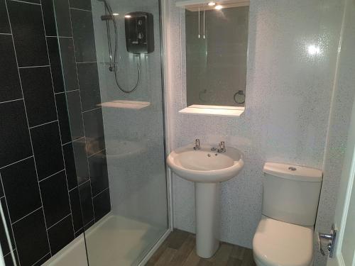 a bathroom with a shower and a sink and a toilet at Perran View Holiday Park in St. Agnes