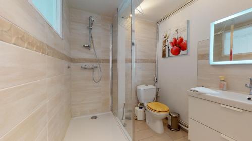 Appartment PETITE VENISE centre historique في كولمار: حمام مع دش ومرحاض ومغسلة