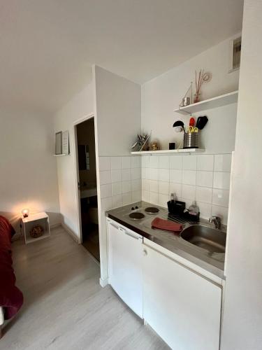 une cuisine avec un évier et un plan de travail dans l'établissement Cassis - Studio terrasse - Centre Dijon BSB Jouvence, à Dijon