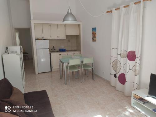 卡拉加爾達納的住宿－Menorca Cala Galdana，一间带桌子的厨房和一间带冰箱的厨房