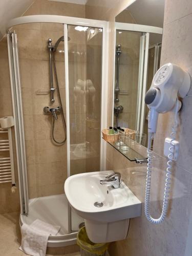 a bathroom with a shower and a sink and a toilet at Willa Katrin in Mikołajki