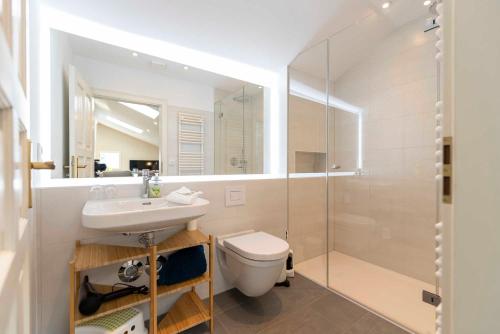 ein Bad mit einem WC, einem Waschbecken und einer Dusche in der Unterkunft Villa Doctores - Remise 08 in Heringsdorf