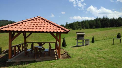 einen Pavillon mit zwei Stühlen und einem Grill auf einem Feld in der Unterkunft Vikendica Studenac in Zlatibor
