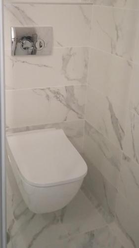 a white toilet in a bathroom with marble walls at George & Dimitra's House in Kharokopión