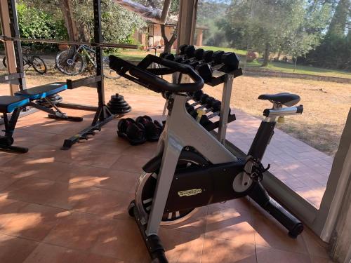 a gym with three treadmills on a patio at Agriturismo Il Bagolaro in Nerola