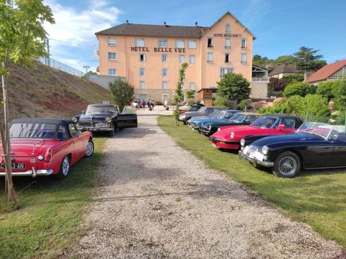 a row of cars parked in front of a building at Hotel Belle Vue in Souillac