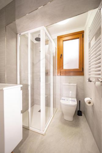a bathroom with a white toilet and a shower at El Pico, Apartamento in Ribadesella