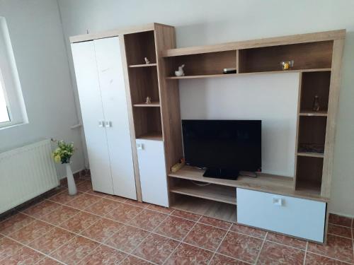 ein Wohnzimmer mit Fernseher und einigen Regalen in der Unterkunft Apartament deosebit in Reşiţa