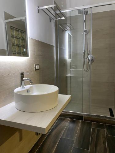 a bathroom with a white sink and a shower at Manfredi Sea Room in Vieste