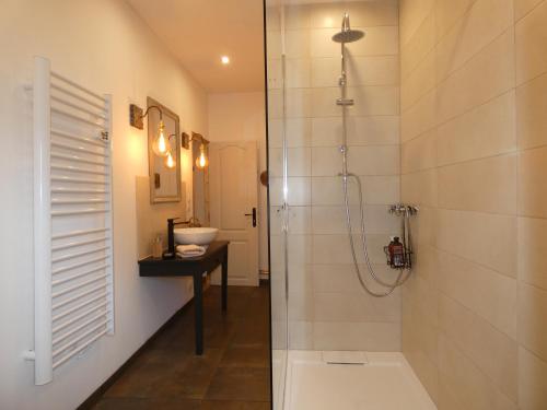 ein Bad mit einer Dusche und einem Waschbecken in der Unterkunft Chez Elise et Thomas in Le Mage