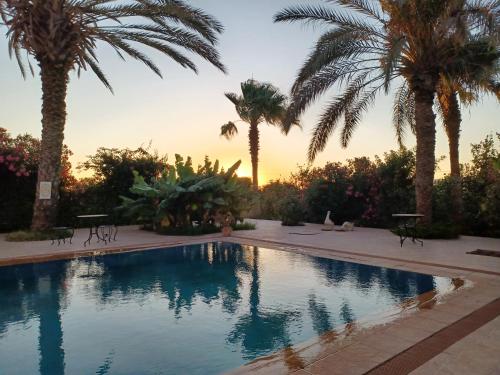 a pool with palm trees and a sunset in the background at Riad-villa Le Jardin aux Etoiles in Sidi Boumoussa