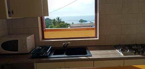 a kitchen counter with a sink and a window at Le Rahma in Sada