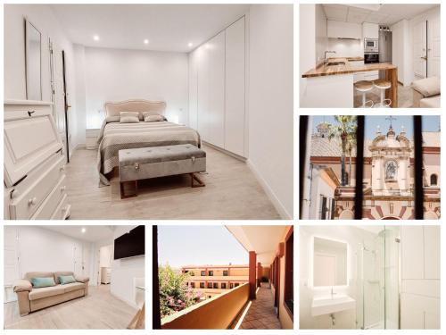 uma colagem de fotos de um quarto e uma sala de estar em Reposo Sweet Home & Free Parking em Sevilha