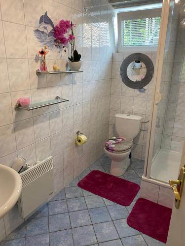 テヘルスベルク・アム・ヴェルター・ゼーにあるPension Hadanigのバスルーム(トイレ、洗面台、シャワー付)