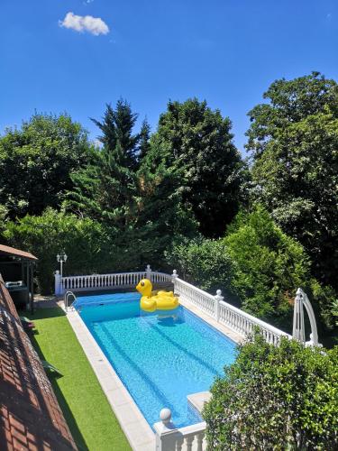 - une piscine avec un canard en caoutchouc dans la cour dans l'établissement Villa Sérénité, à Noisy-le-Grand