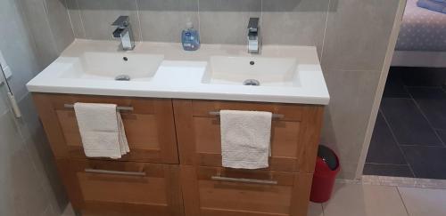 La salle de bains est pourvue de 2 lavabos et de 2 serviettes. dans l'établissement Chambre Le mans avec salle de bain privée, au Mans