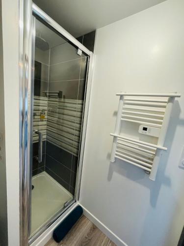 a shower with a glass door in a bathroom at Studio 5 charmant tout équipé à la gare de Lorient in Lorient