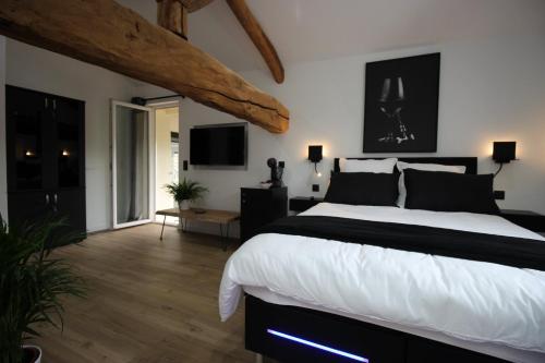 a bedroom with a large bed and a tv at Le grain de Louise in Lancié