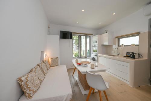 a living room with a couch and a table and a kitchen at LE PETIT Ενα μικρό αλλά όμορφο σπίτι in Stení