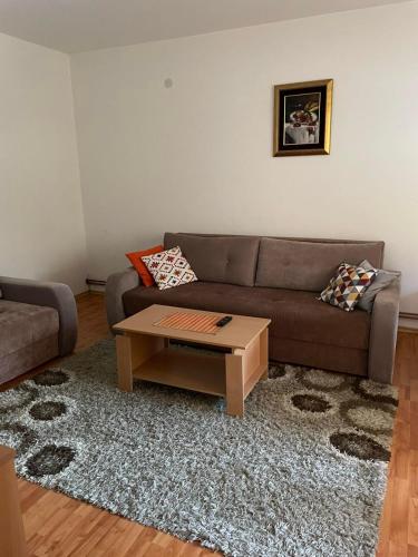 a living room with a couch and a coffee table at Apartments Vila Hercegovina in Višegrad