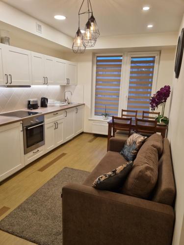 un soggiorno con divano e cucina di Barbora apartament a Druskininkai