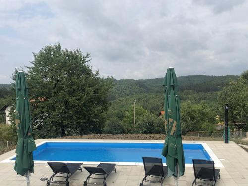 a man standing next to a swimming pool with two green umbrellas at Relax House Banja Luka in Banja Luka