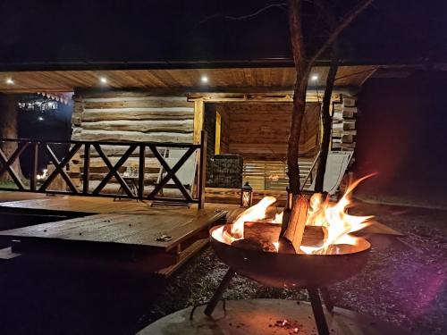 a fire pit in front of a log cabin at Tarninowe Wzgórze in Kunkowa