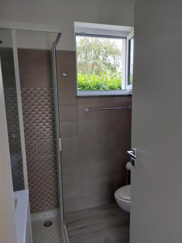 a bathroom with a shower and a toilet with a window at Skylab in Gozzano
