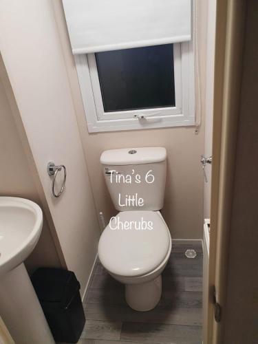 a small bathroom with a toilet and a television at 6 Little Cherubs Holiday Home in Cowes