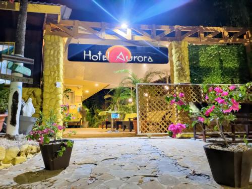 een hotelingang 's nachts met bloemen voor de deur bij Hotel Aurora in Montezuma